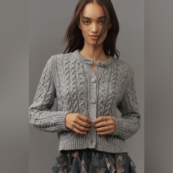 Anthropologie Sweaters - Anthropologie grey silver sparkly cardigan sweater wool cable knit XL 1X
